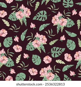 Patrón sin fisuras con hojas tropicales en estilo plano. Fondo de repetición con flores y hojas de hibisco. Fondo botánico para la tela, Fondo de pantalla, papel de embalaje, scrapbooking etc