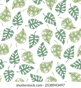 Padrão contínuo com folhas tropicais em estilo plano. Textura sem fim com folhas de monstera. Fundo botânico para tecido, papel de parede, papel de embrulho, scrapbooking etc