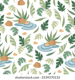 Seamless pattern with tropical leaves in flat style. Endless texture with palm leaves, rocks and pond. Botanical background for fabric, wallpaper, wrapping paper, scrapbooking etc.