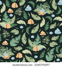 Seamless pattern with tropical leaves in flat style. Endless texture with palm leaves, stones and branches. Botanical background for fabric, wallpaper, wrapping paper, scrapbooking etc.