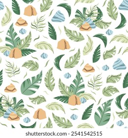 Seamless pattern with tropical leaves in flat style. Endless texture with palm leaves, stones and branches. Botanical background for fabric, wallpaper, wrapping paper, scrapbooking etc.