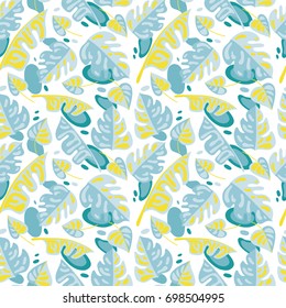seamless pattern with tropical leaves in flat style, happy blue and yellow colors, vector illustration