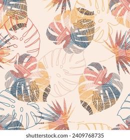 Seamless pattern with tropical leaves. Floral seamless vector tropical pattern background with exotic leaves, jungle leaf. Exotic wallpaper, Hawaiian style.