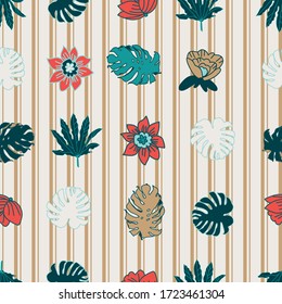 patrón transparente con hojas y flores tropicales sobre fondo a rayas, diseño vectorial para papel, tela