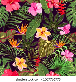 seamless pattern with tropical leaves and flowers