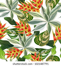 seamless pattern with tropical leaves and flowers