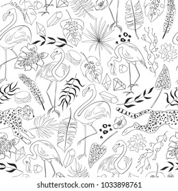 A seamless pattern with tropical leaves, flowers, exotic plants, succulents, palms, flamingos, birds, cheetahs, leopard spots, crystals, feathers. Silhouettes. Tropics.