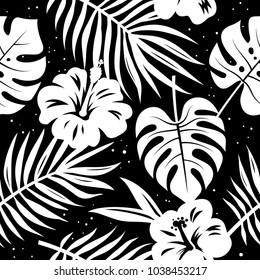 Seamless pattern with tropical leaves and flowers. Hand drawn vector background. Black white illustration