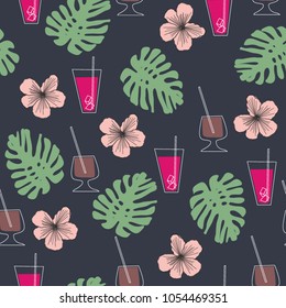 Seamless pattern with tropical leaves and flowers and coctails on dark background