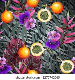 Seamless pattern with tropical leaves, flowers, and fruits on a tiger's skin.