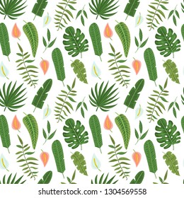 Seamless pattern with tropical leaves and flowers. Vector illustration for print for clothes, wallpaper, textile and greeting card