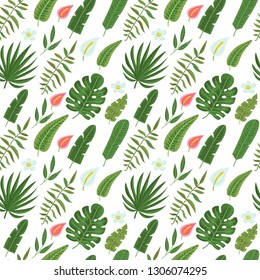 Seamless pattern with tropical leaves and flowers. Vector illustration for print for clothes, wallpaper, textile and greeting card