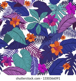 Seamless pattern with tropical leaves and flowers. Vector illustration