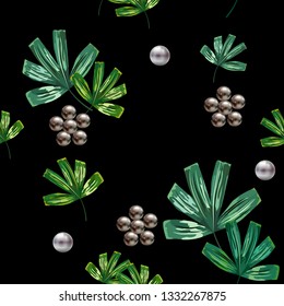 Seamless pattern with tropical leaves and flowers made of pearls.