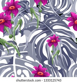Seamless pattern with tropical leaves and flowers