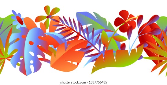 Seamless pattern with tropical leaves and flowers. Decorative exotic foliage and plants.