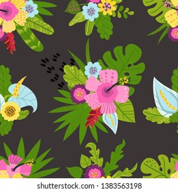 Seamless pattern with tropical leaves and flowers. Vector illustration for your design