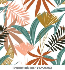 Seamless pattern with tropical leaves and flowers on white background. Vector design. Jungle print. Floral background.