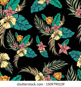 Seamless pattern of tropical leaves and flowers