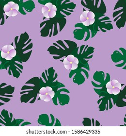Seamless pattern with tropical leaves and flowers on a light purple background. Vector. Suitable for fabric, cover design, wrapping paper.
