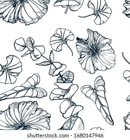patrón transparente de hojas y flores tropicales, dibujo a mano, vector
