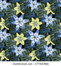 Seamless Pattern with Tropical Leaves and Flowers. Vector Texture with Exotic Flowers. Rainforest Flowers and Leaves. Colorful Background with Flowers and Leaves. Jungle Pattern for your Design.