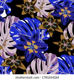 Seamless Pattern with Tropical Leaves and Flowers. Jungle Pattern for your Design. Rainforest Flowers and Leaves. Vector Texture with Exotic Flowers. Colorful Background with Flowers and Leaves.