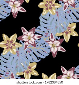 Seamless Pattern with Tropical Leaves and Flowers. Jungle Pattern for your Design. Vector Texture with Exotic Flowers. Colorful Background with Flowers and Leaves. Rainforest Flowers and Leaves.