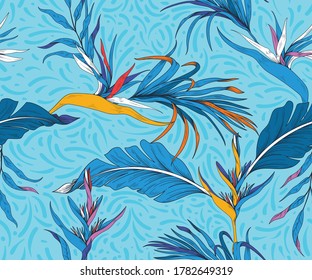 Seamless pattern with tropical leaves and flowers