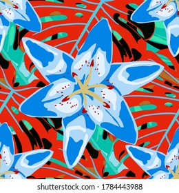 Seamless Pattern with Tropical Leaves and Flowers. Jungle Pattern for your Design. Vector Texture with Exotic Flowers. Colorful Background with Flowers and Leaves. Rainforest Flowers and Leaves.