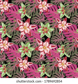 Seamless Pattern with Tropical Leaves and Flowers. Colorful Background with Flowers and Leaves. Vector Texture with Exotic Flowers. Jungle Pattern for your Design. Rainforest Flowers and Leaves.