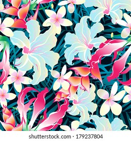 Seamless pattern of tropical leaves and flowers with lots of colors.