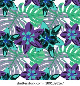Patrón sin foco con hojas y flores tropicales. Fondo colorido con flores y hojas. Textura vectorial con flores exóticas. Flores y hojas de selva tropical. Patrón de jungla para su diseño.