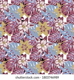 Seamless Pattern with Tropical Leaves and Flowers. Vector Texture with Exotic Flowers. Colorful Background with Flowers and Leaves. Jungle Pattern for your Design. Rainforest Flowers and Leaves.