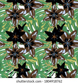Seamless Pattern with Tropical Leaves and Flowers. Vector Texture with Exotic Flowers. Rainforest Flowers and Leaves. Colorful Background with Flowers and Leaves. Jungle Pattern for your Design.