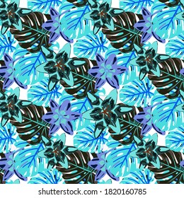 Seamless Pattern with Tropical Leaves and Flowers. Rainforest Flowers and Leaves. Vector Texture with Exotic Flowers. Jungle Pattern for your Design. Colorful Background with Flowers and Leaves.