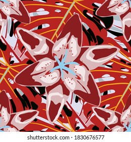 Seamless Pattern with Tropical Leaves and Flowers. Colorful Background with Flowers and Leaves. Jungle Pattern for your Design. Rainforest Flowers and Leaves. Vector Texture with Exotic Flowers.