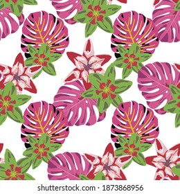 Seamless Pattern with Tropical Leaves and Flowers. Colorful Background with Flowers and Leaves. Jungle Pattern for your Design. Vector Texture with Exotic Flowers. Rainforest Flowers and Leaves.