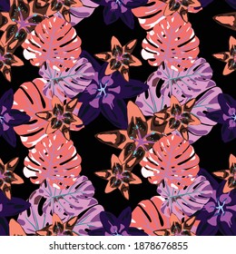 Seamless Pattern with Tropical Leaves and Flowers. Jungle Pattern for your Design. Vector Texture with Exotic Flowers. Rainforest Flowers and Leaves. Colorful Background with Flowers and Leaves.