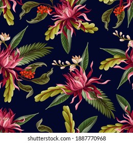 Seamless pattern with tropical leaves and flowers. Vector