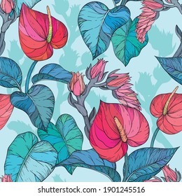 Seamless pattern with Tropical leaves and flowers, jungle plants.