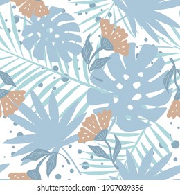 Seamless pattern with tropical leaves and flowers. Creative vector texture. Great for fabric, textile, scrubbing, wallpaper and wrapping 