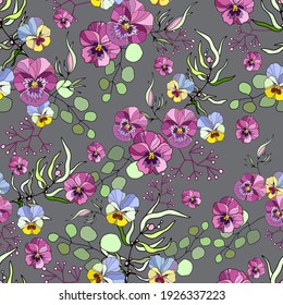 Nahtloses Muster mit tropischen Blättern und Blumen. Schöner Druck mit exotischen Pflanzen in Eukalyptus. Vektorgrafik. Handgezeichnete Stoffe, Geschenkverpackung, Wandkunst-Design. Stock-Vektorgrafik.