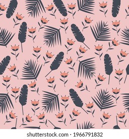seamless pattern of tropical leaves and flowers. Vector illustration 