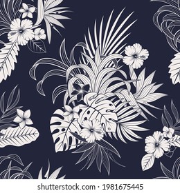 Patrón sin foco con hojas y flores tropicales. elegante fondo exótico azul oscuro y blanco.