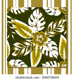 Seamless pattern with tropical leaves and flowers on dark green background. Vector design. Jungle print. Floral background. green nature design