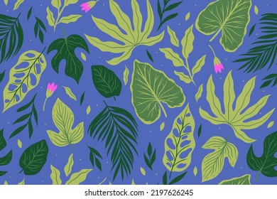 Patrón sin foco con hojas y flores tropicales. Gráficos vectoriales.