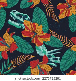 Seamless pattern of a tropical leaves with flowers and dinosaur skull background elements.