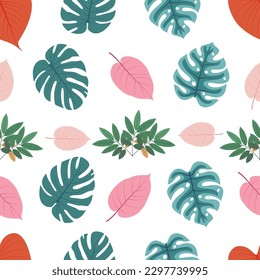 A seamless pattern with tropical leaves and flowers