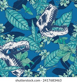 Seamless pattern of a tropical leaves, flowers and dinosaur skull background elements.